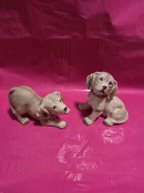 2 Vintage Adorable Puppy Dog Labs #1408 HOMCO Porcelain Figurines 4" Across ^